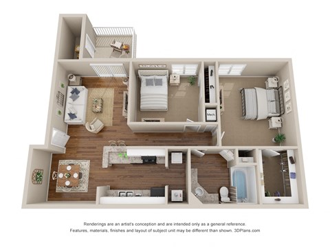 Floor plan for 2 beds, 1 bath, 872 sqft